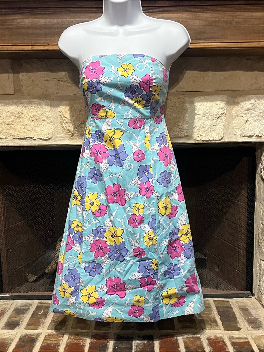 Vintage Lilly Pulitzer 90s Strapless A-Line Dress Floral Blue Pink Yellow